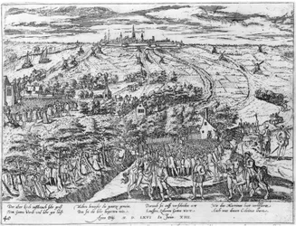 Protestanten die in de open lucht bijeenkomen rond Antwerpen, 1576